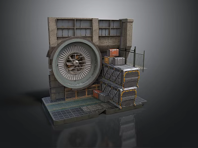 Industrial Mechanical Equipment With Large Circular Device Metal Platform And Stacked Crates 3d model
