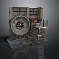 Industrial Mechanical Equipment With Large Circular Device Metal Platform And Stacked Crates