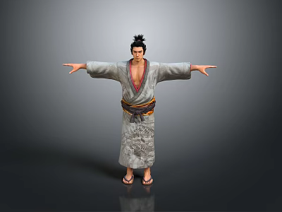 Man With Black Topknot Hairstyle Wearing Kimono Arms Outstretched Against Gray Background In Geta Sandals 3d model