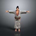 Man With Black Topknot Hairstyle Wearing Kimono Arms Outstretched Against Gray Background In Geta Sandals