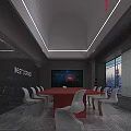 Modern Conference Room Interior With Red Table White Chairs Large Screen And City View