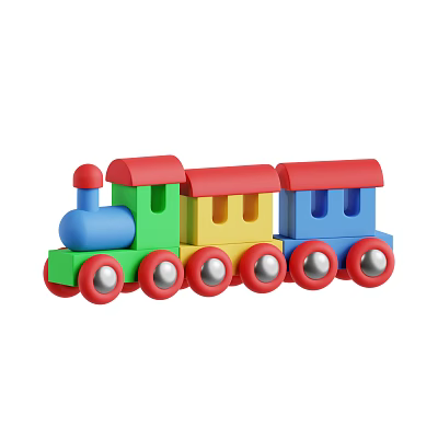 Colorful Building Blocks Toy Train with Red Roofs Blue Engine and Wheels 3d model