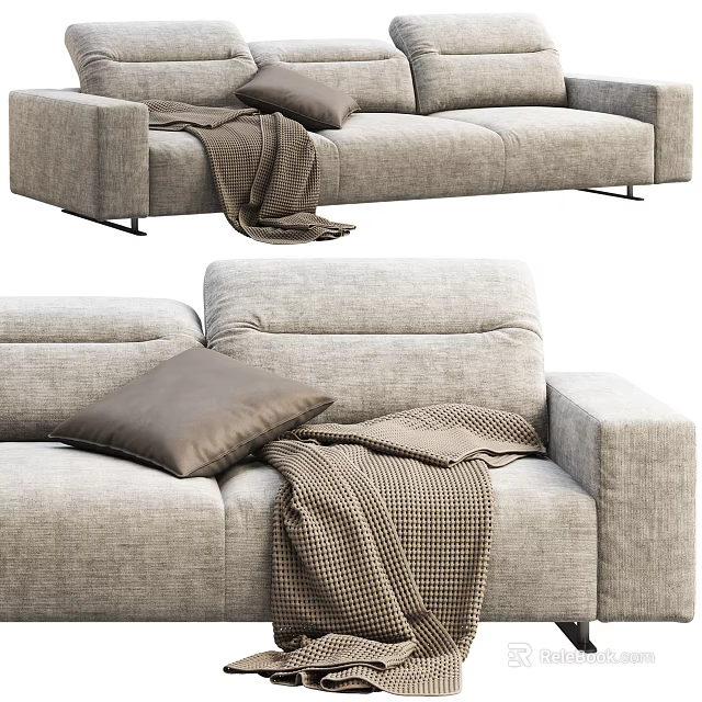 Modern Gray Fabric Sectional Sofa With Brown Pillow Plaid Blanket And Metal Legs 3d model 