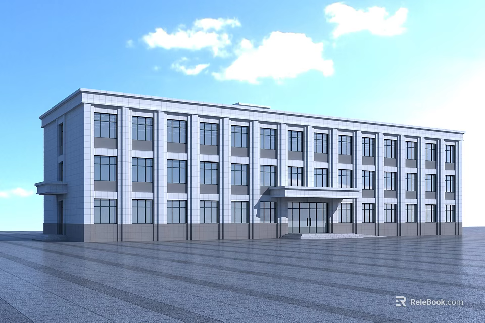 Modern Office Building With White Gray Exterior Large Windows And Spacious Front Plaza 3d model 
