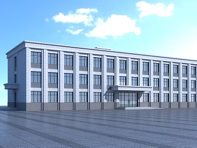 Modern Office Building With White Gray Exterior Large Windows And Spacious Front Plaza 3d model