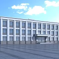 Modern Office Building With White Gray Exterior Large Windows And Spacious Front Plaza