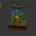 Whimsical Cartoon Scene With Small House Blue Roof Orange Walls Chimney And Green Plants