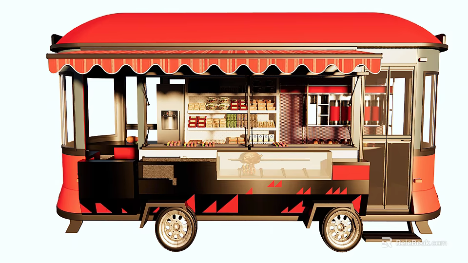 Red Roof Food Truck With Striped Awning Black Red Patterns Interior Shelves And Wheels 3d model 