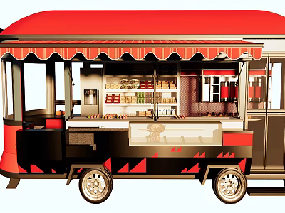 Red Roof Food Truck With Striped Awning Black Red Patterns Interior Shelves And Wheels 3d model