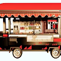 Red Roof Food Truck With Striped Awning Black Red Patterns Interior Shelves And Wheels