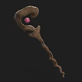 Enchanted Wooden Staff With Curved Design And Pink Gemstone Rustic Texture