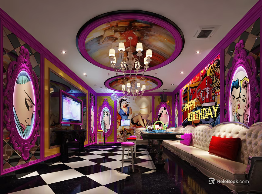 Stylish KTV Interior With Purple Decor Chandelier Comic Murals And Checkered Floor 3d model 