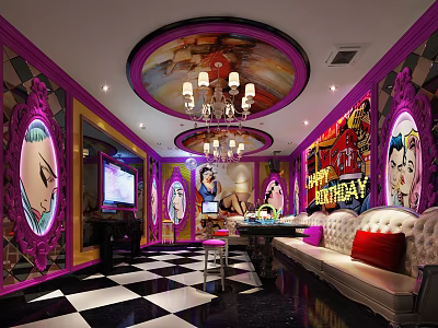 Stylish KTV Interior With Purple Decor Chandelier Comic Murals And Checkered Floor 3d model