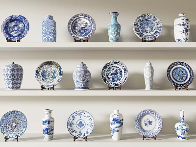 Blue And White Ceramic Wares With Traditional Patterns Plates Vases Jars Displayed On Shelves 3d model