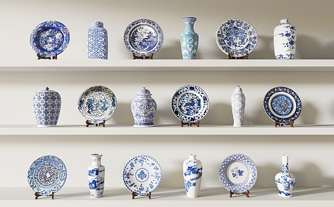 Chinese-style blue and white porcelain blue and white porcelain ornaments combination 3d model