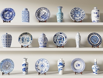 Chinese-style blue and white porcelain blue and white porcelain ornaments combination 3d model