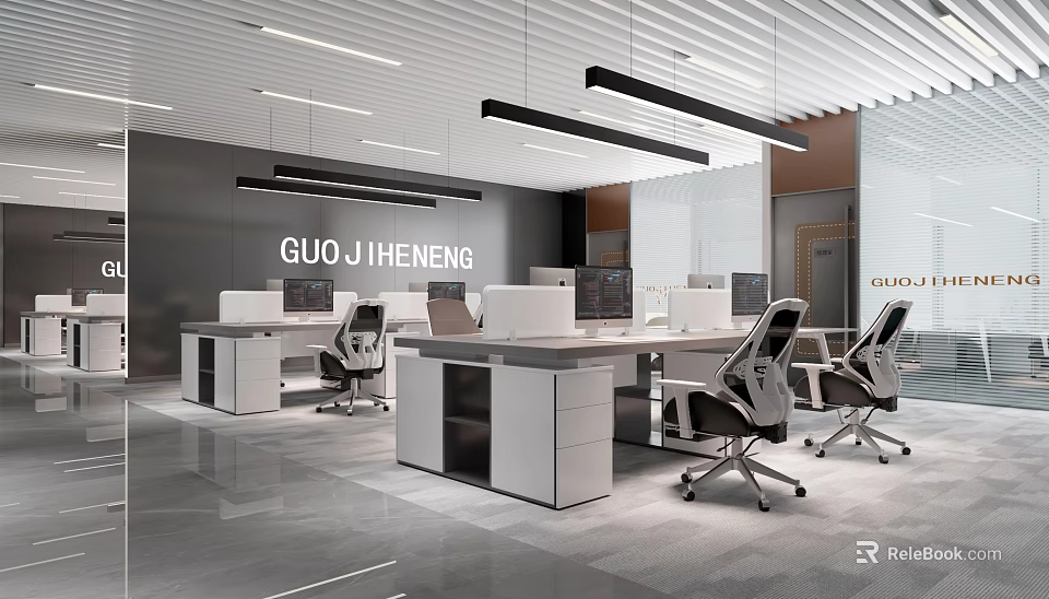 Modern Public Office Space Interior Design With Sleek Workstations Ergonomic Chairs And Suspended Lights 3d model 