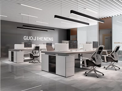 Modern Public Office Space Interior Design With Sleek Workstations Ergonomic Chairs And Suspended Lights 3d model