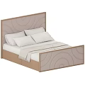 Modern Double Bed With Curved Pattern Headboard Wooden Frame And Soft Pillows 3d model