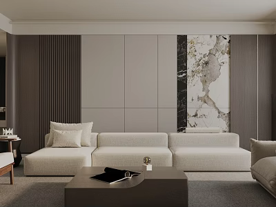 Minimalist Living Room Interior With Neutral Sofa And Artwork On Wall 3d model
