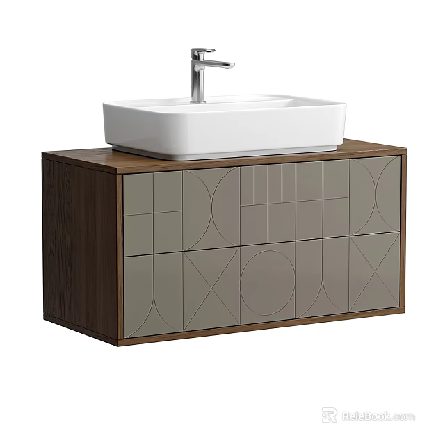 Modern Bathroom Vanity With White Square Basin And Wooden Cabinet Gray Doors Geometric Patterns 3d model 