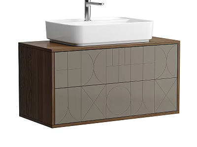 Modern Bathroom Vanity With White Square Basin And Wooden Cabinet Gray Doors Geometric Patterns 3d model