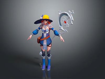 Game And Movie Character Wearing Blue Outfit Yellow Hat Holding Ornate Staff With Red Gem 3d model