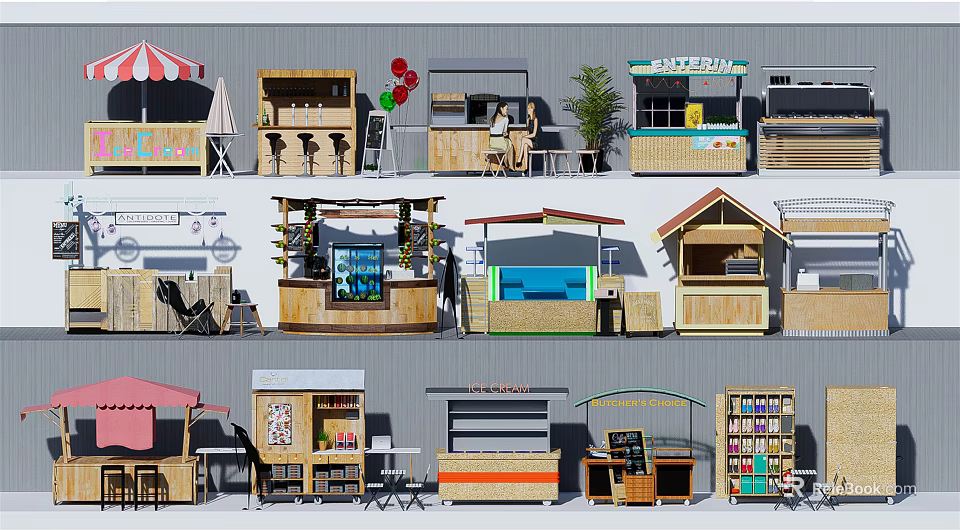 Various Street Food And Retail Stall Designs With Wooden Structures And Awnings 3d model 