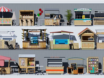 Various Street Food And Retail Stall Designs With Wooden Structures And Awnings 3d model
