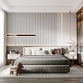 Modern Minimalist Bedroom With Striped Wall Long Pendant Light Nightstand Vase Books And Decorative Pillows