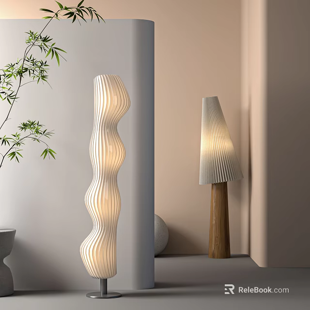 Modern Floor Lamp With Wave Pattern Wooden Base And Soft Lighting For Indoor Decoration 3d model 