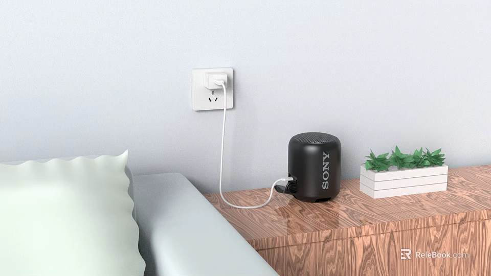 Sony Black Speaker Connected to Charger on Wooden Table With Green Plant and Sofa 3d model 