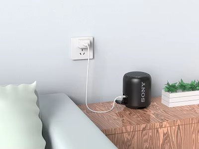 Sony Black Speaker Connected to Charger on Wooden Table With Green Plant and Sofa 3d model
