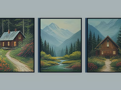 Serene Landscape Paintings With Log Cabin Mountain River Forest Path And Wildflowers 3d model