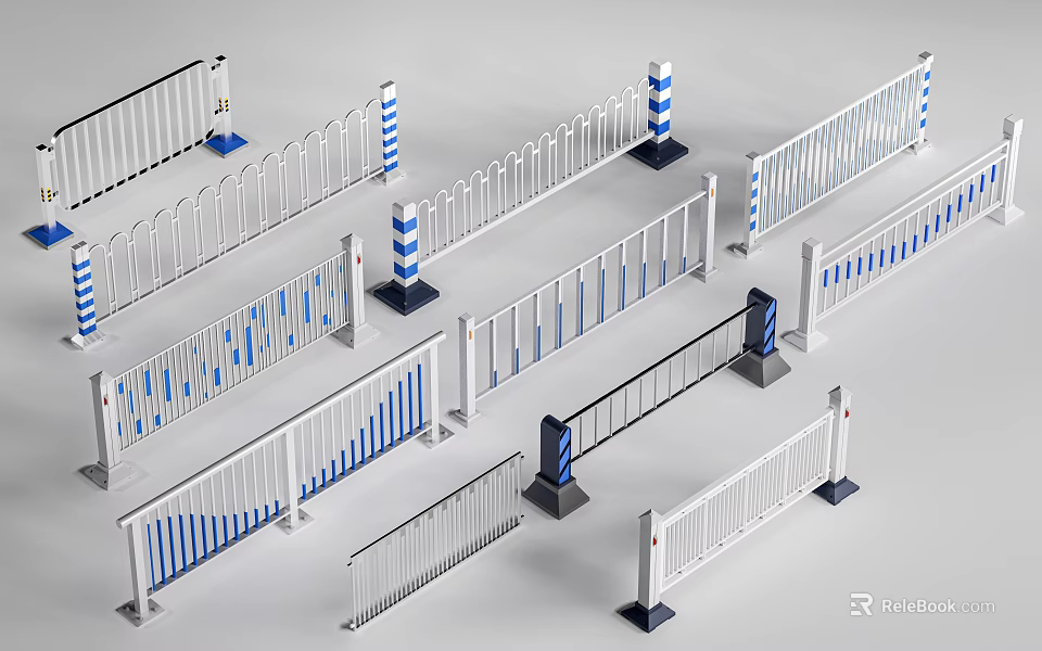 Various Types of Road Safety Barriers With White Metal Railings And Blue Stripes 3d model 