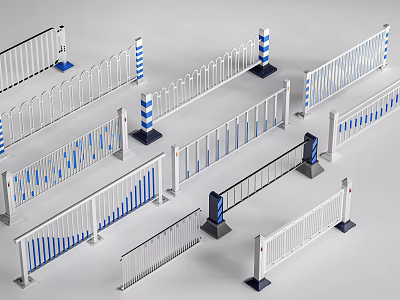 Various Types of Road Safety Barriers With White Metal Railings And Blue Stripes 3d model