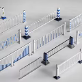 Various Types of Road Safety Barriers With White Metal Railings And Blue Stripes
