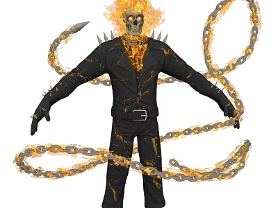 Flaming Skull Game Movie Character in Spiked Black Jacket with Flaming Chains 3d model