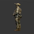 Military Soldier in Camouflage Uniform Holding Rifle Standing Against Gray Background