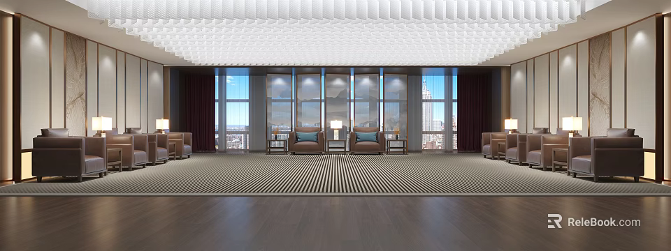 Modern Conference Room With Large Windows City View Unique Ceiling Design Striped Carpet And Sofas 3d model 