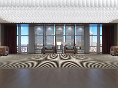 Modern Conference Room With Large Windows City View Unique Ceiling Design Striped Carpet And Sofas 3d model