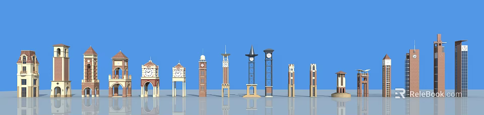 Various Tower Designs With Clock Elements And Different Architectural Styles Against Blue Sky 3d model