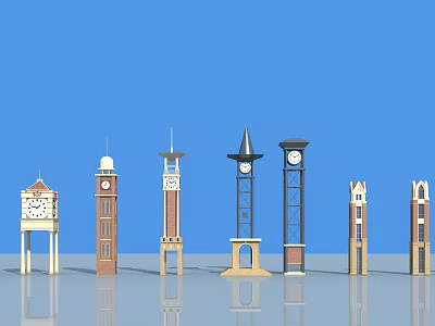 Various Tower Designs With Clock Elements And Different Architectural Styles Against Blue Sky 3d model