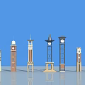 Various Tower Designs With Clock Elements And Different Architectural Styles Against Blue Sky 3d model