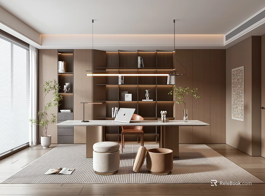 Modern Study Room Interior With Wooden Desk Bookshelves Laptop Pendant Lights And Plants 3d model 