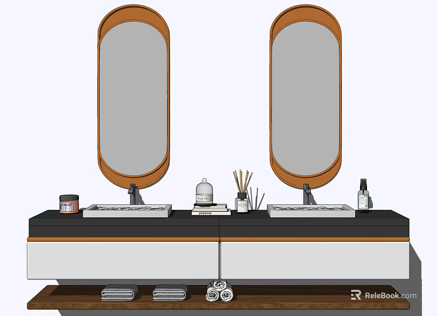 Modern Bathroom Vanity With Double Mirrors Double Sinks And Toiletries On Black White Cabinet 3d model 