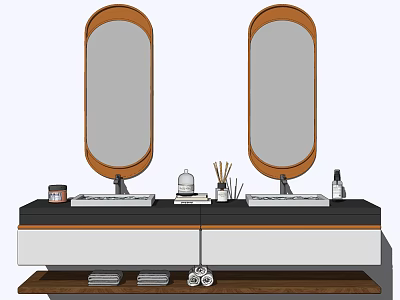 Modern Bathroom Vanity With Double Mirrors Double Sinks And Toiletries On Black White Cabinet 3d model