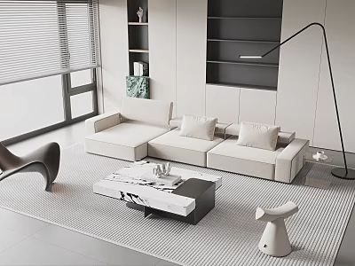 Beige Sofa and Marble Coffee Table Set in Modern Living Room with Floor Lamp 3d model