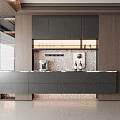 Modern Sideboard With Dark Gray Cabinets Wooden Panels And Marble Backsplash Design
