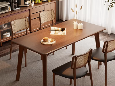 Natural Solid Wood Dining Table Set With Rattan Backrest Chairs For Cozy Home Dining Room 3d model